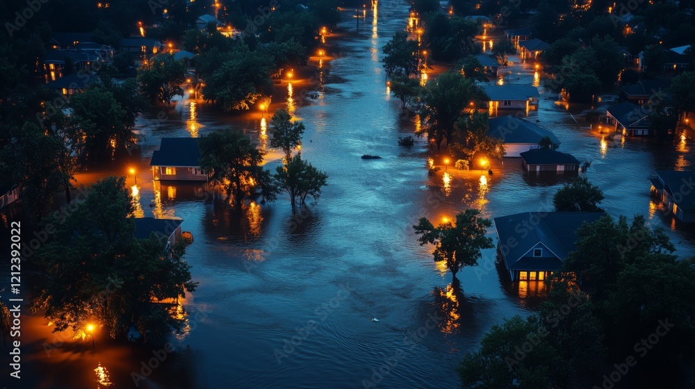 Fototapeta premium Flooded neighborhood at night with houses and trees underwater reflecting lights