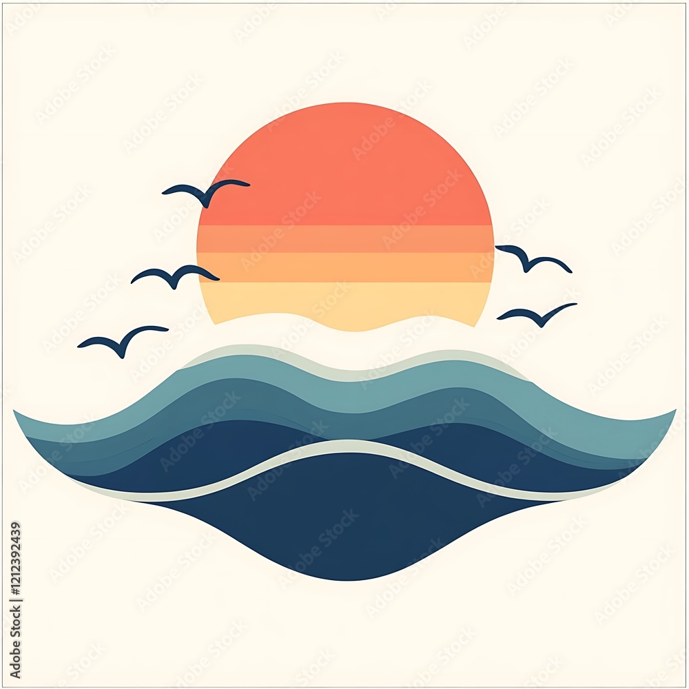 Sunrise over ocean graphic design, simple seascape, artistic illustration, print use, postcard, poster Sunrise over ocean graphic design, simple seascape, artistic illustration, print use, postcard, poster