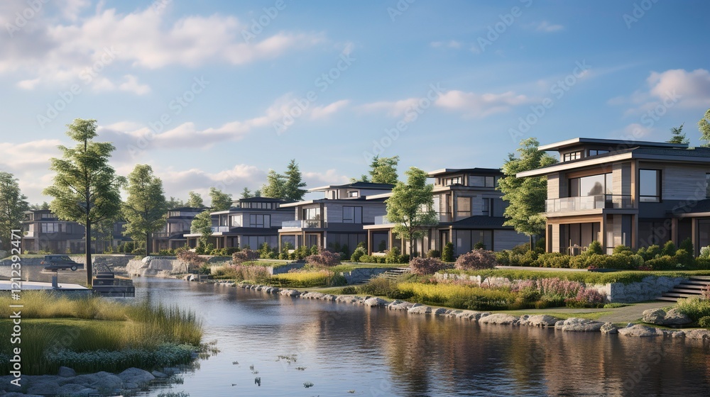 Fototapeta premium Modern residential architecture with lush landscaping and a tranquil water feature at sunset.