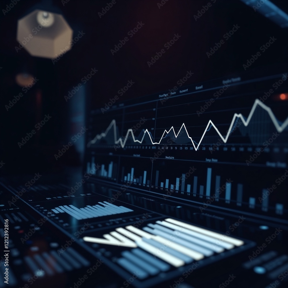 Naklejka premium High-Angle Perspective Moody Style Creative Light Art Depicting Business Charts and Graphs with Artistic Lighting Abstract Patterns and Low Contrast