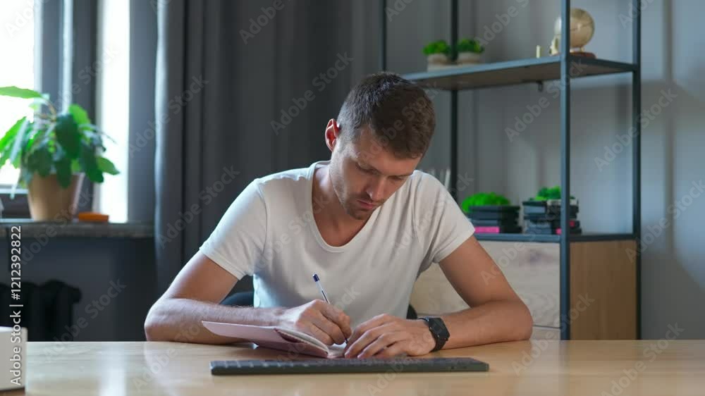 Man college student studying at home pov, sitting at desk, watching lesson online on pc, writing in notebook, talking asking questions. Modern online education. Man college student studying at home pov, sitting at desk, watching lesson online on pc, writing in notebook, talking asking questions. Modern online education.