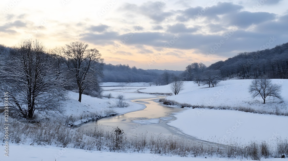 Serene Winter River Winding Through Snowy Landscape Serene Winter River Winding Through Snowy Landscape