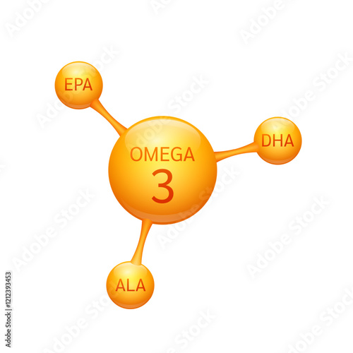 Fish oil omega 3 fatty acids in orange molecular form on white background. For nutrition products food health ads. Medical scientific concepts. 3D Vector illustration.