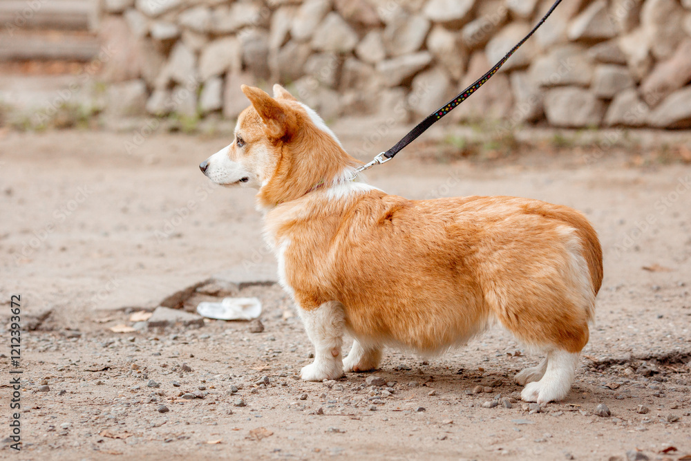 Cute funny Welsh Corgi puppy on a leash on a summer walk on the grass Cute funny Welsh Corgi puppy on a leash on a summer walk on the grass
