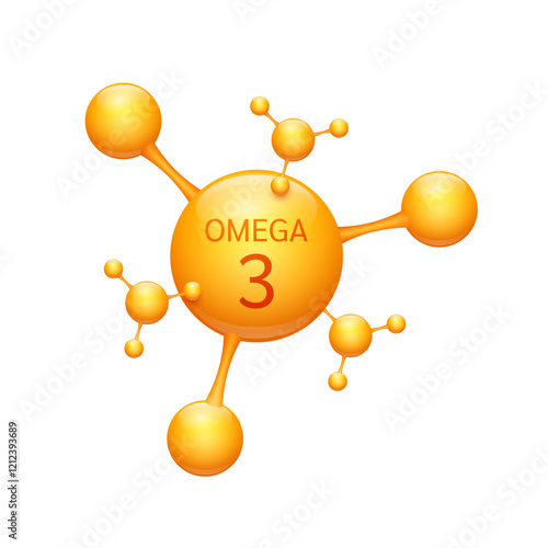 Fish oil omega 3 fatty acids in orange molecular form on white background. For nutrition products food health ads. Medical scientific concepts. 3D Vector illustration.