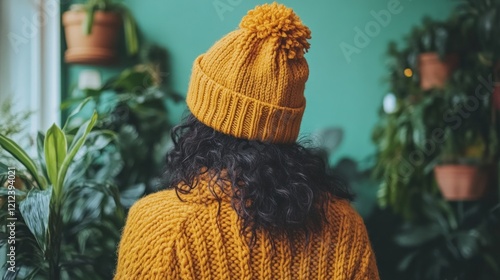 Woman, winter hat, plants, indoor garden, cozy photo