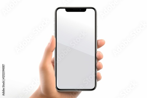 Close up of hand holding generic modern bezel less smartphone with blank white screen, isolated on white background