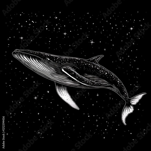 Whale in starry night sky. Illustration. Possible use as a poster or print photo