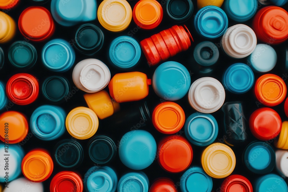 Waste management: Recycling innovation for a zero-waste future Colorful bottle caps arranged in a flat lay composition. Waste management: Recycling innovation for a zero-waste future Colorful bottle caps arranged in a flat lay composition.