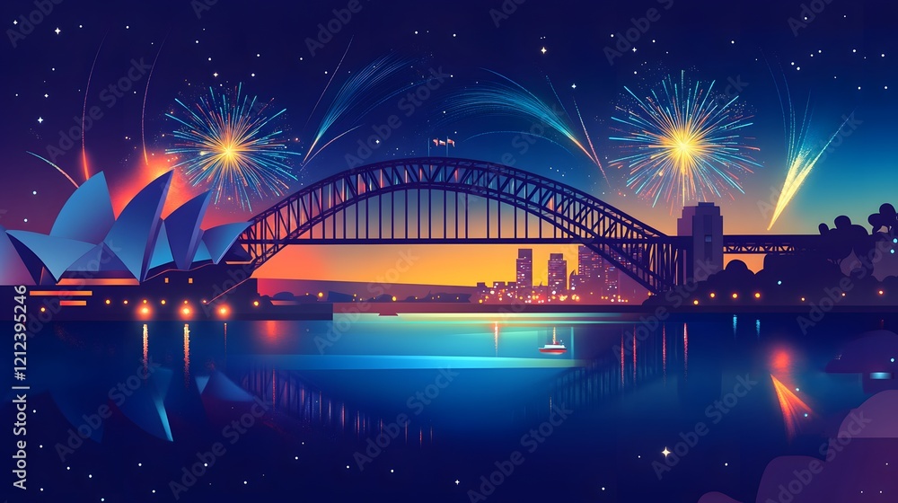 Obraz premium Celebratory fireworks display over sydney harbour bridge nighttime cityscape digital art vibrant colors