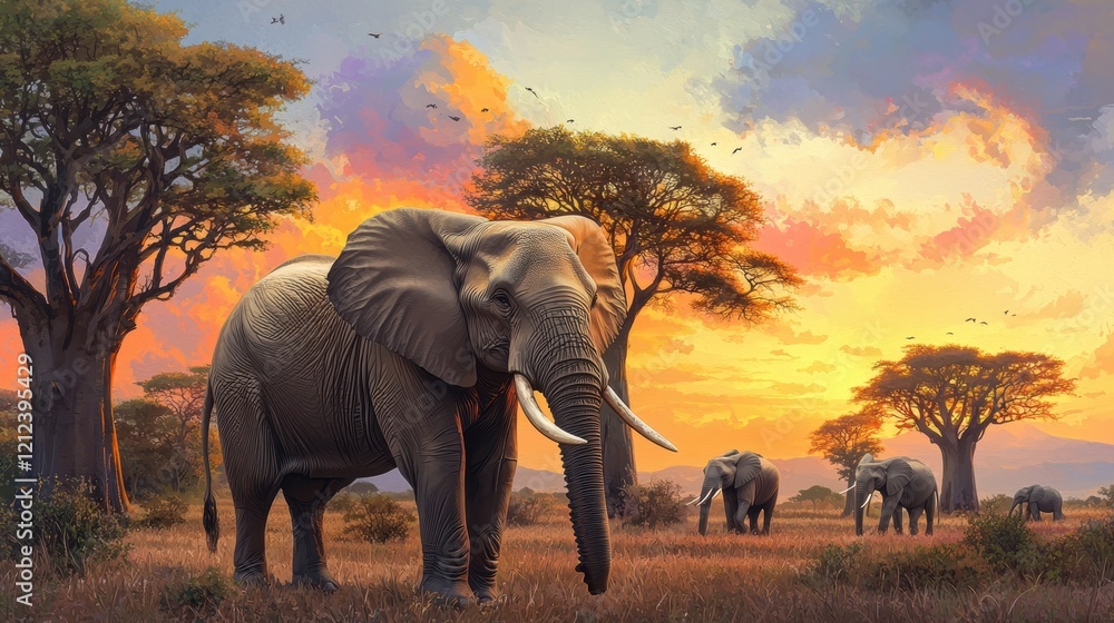 Fototapeta premium Majestic Elephants at Golden Hour Savannah Sunset