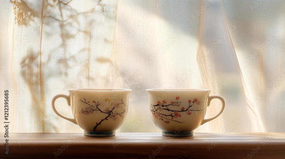 Fototapeta premium Delicate porcelain teacups with plum blossoms, soft steam rising, embodying serenity and elegance of Chinese New Year.