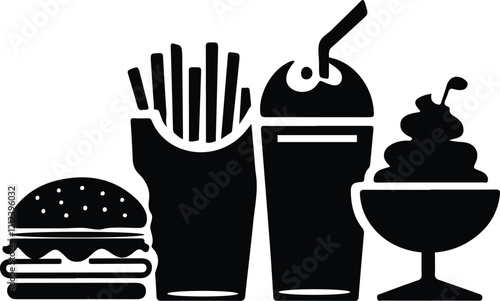 silhouette fast food menu set vector  Black and white line art  Silhouette  french fries vector doodle art in white background