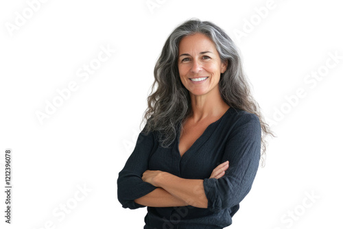 Portrait of 50 years old smiling woman looking at camera with crossed arms. Happy girl standing in creative office. Successful businesswoman standing in white background	