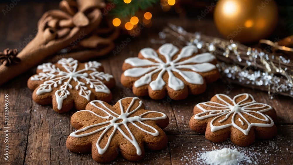 A festive arrangement of decorated gingerbread cookies on a wooden table. A festive arrangement of decorated gingerbread cookies on a wooden table.