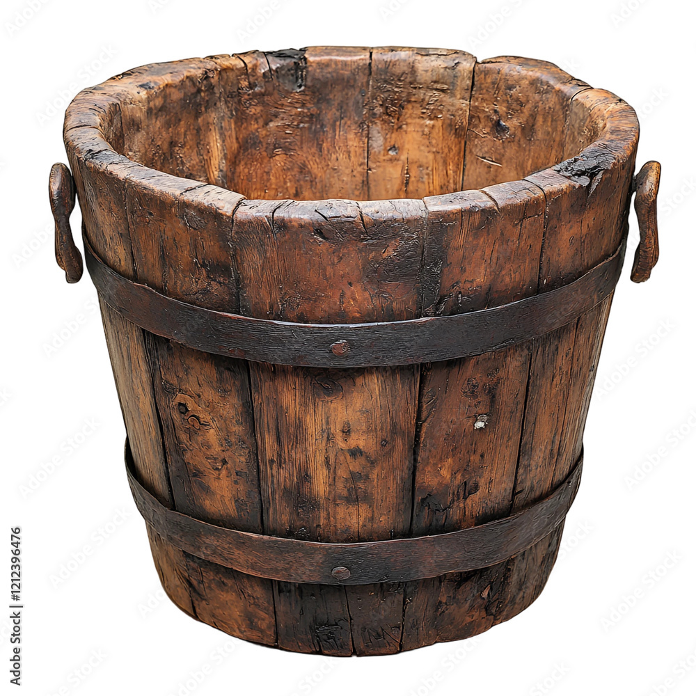 Antique Wooden Bucket Rustic Brown Aged Wood Metal Bands Vintage Container Antique Wooden Bucket Rustic Brown Aged Wood Metal Bands Vintage Container