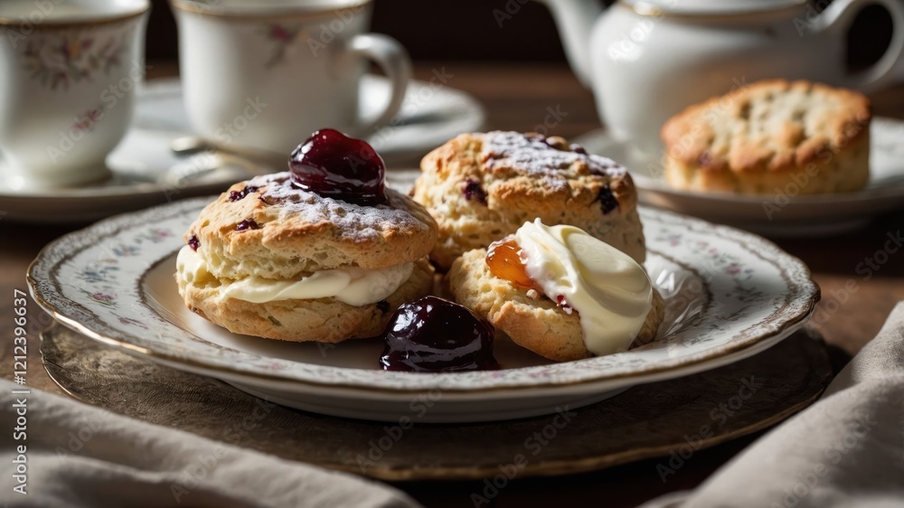 A plate of scones with cream and jam, served with tea in elegant china. A plate of scones with cream and jam, served with tea in elegant china.