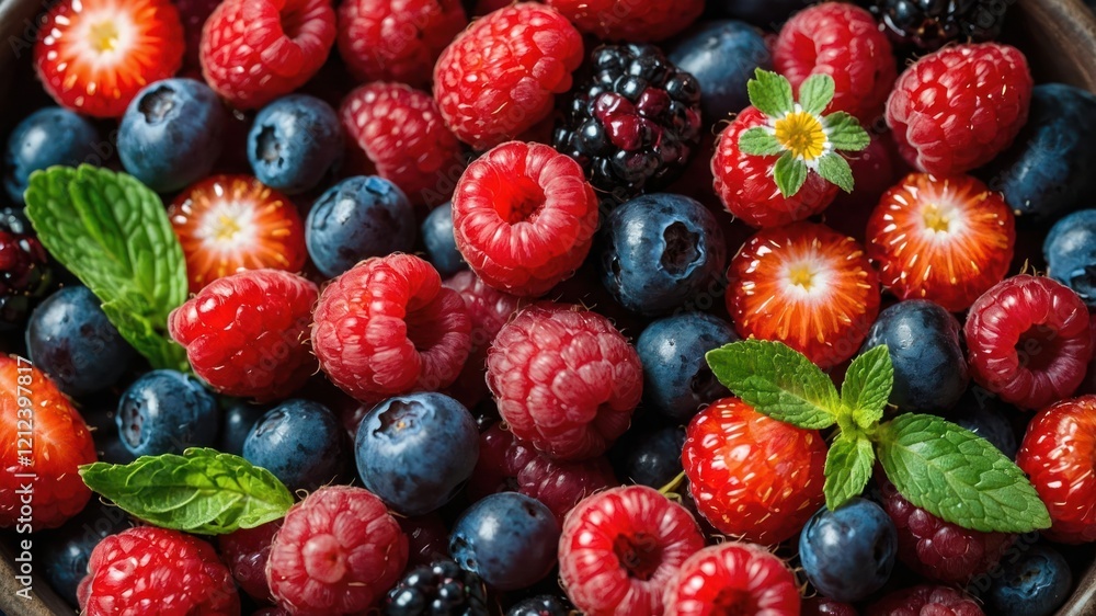 A vibrant assortment of fresh berries, including raspberries, blueberries, and strawberries. A vibrant assortment of fresh berries, including raspberries, blueberries, and strawberries.