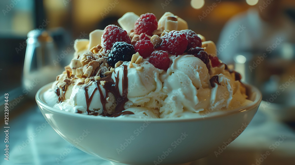 A delicious ice cream bowl topped with berries, nuts, and chocolate sauce. A delicious ice cream bowl topped with berries, nuts, and chocolate sauce.