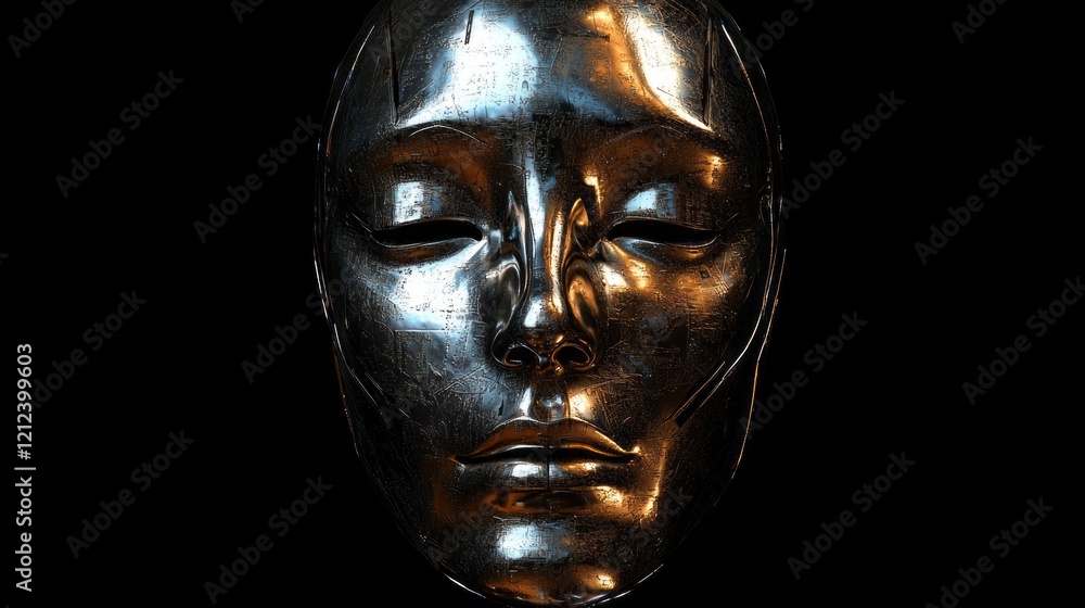 A sleek, metallic humanoid face emerges from a dark background, showcasing intricate details and a smooth surface. This artistic creation embodies the fusion of technology and creativity A sleek, metallic humanoid face emerges from a dark background, showcasing intricate details and a smooth surface. This artistic creation embodies the fusion of technology and creativity