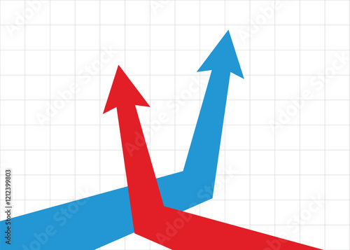 two big business arrows graph suddenly goes up drastically rising up in a different direction with grid background represents business growth and trading profits red and blue arrows