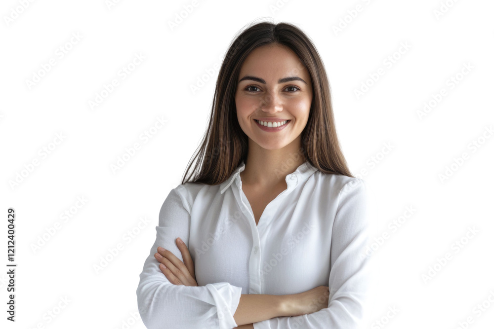 Portrait of 30 years old smiling woman looking at camera with crossed arms. Happy girl standing in creative office. Successful businesswoman standing in white background Portrait of 30 years old smiling woman looking at camera with crossed arms. Happy girl standing in creative office. Successful businesswoman standing in white background