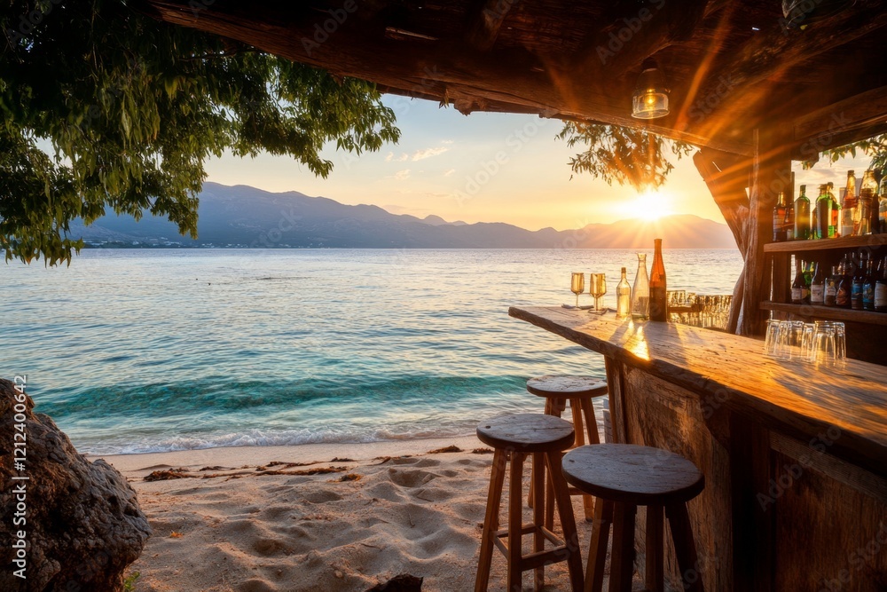 Fototapeta premium A peaceful beach bar in Zakynthos, with wooden stools and tables set on the sand under swaying palm trees