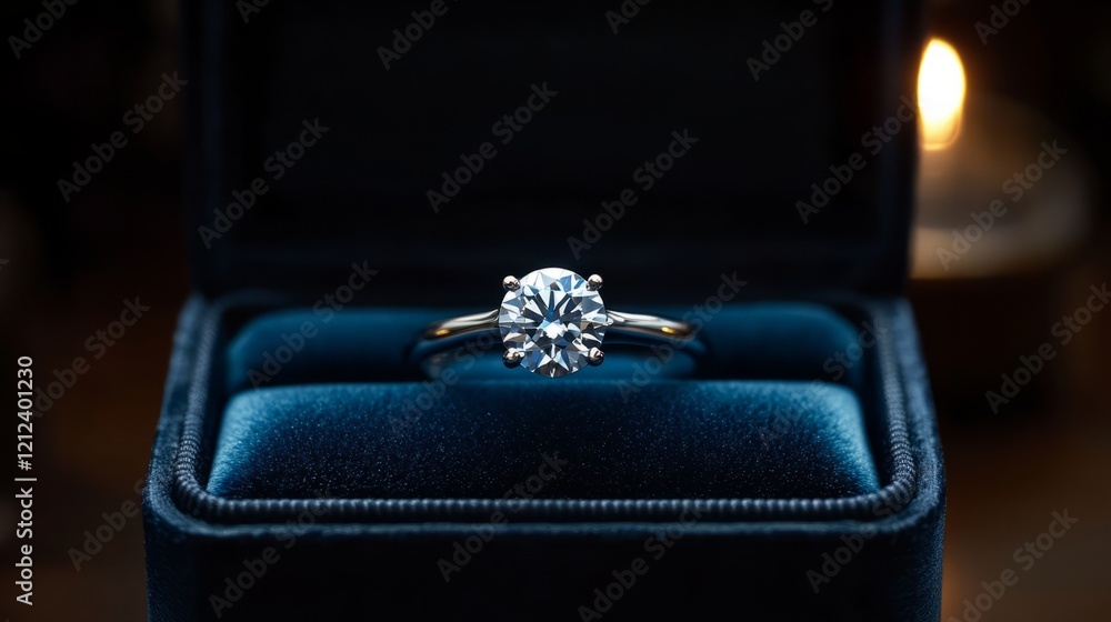 Close-up of a solitaire diamond on a white gold band, displayed inside a dark blue velvet box, under soft lighting Close-up of a solitaire diamond on a white gold band, displayed inside a dark blue velvet box, under soft lighting