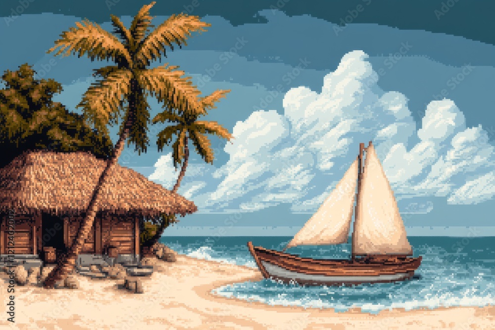 Naklejka premium A pixel art representation of a Zanzibar beach with animated waves, a small dhow boat bobbing in the water, and tiny palm trees swaying in the breeze