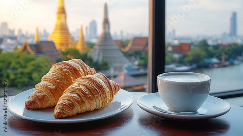 Morning coffee in Bangkok with a beautiful temple view