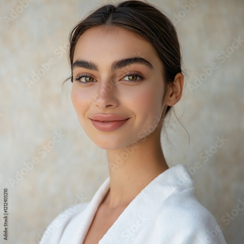 Nahaufnahme eines lächelnden jungen Frauen Portraits mit natürlichem Make-up und freundlichem Gesichtsausdruck photo