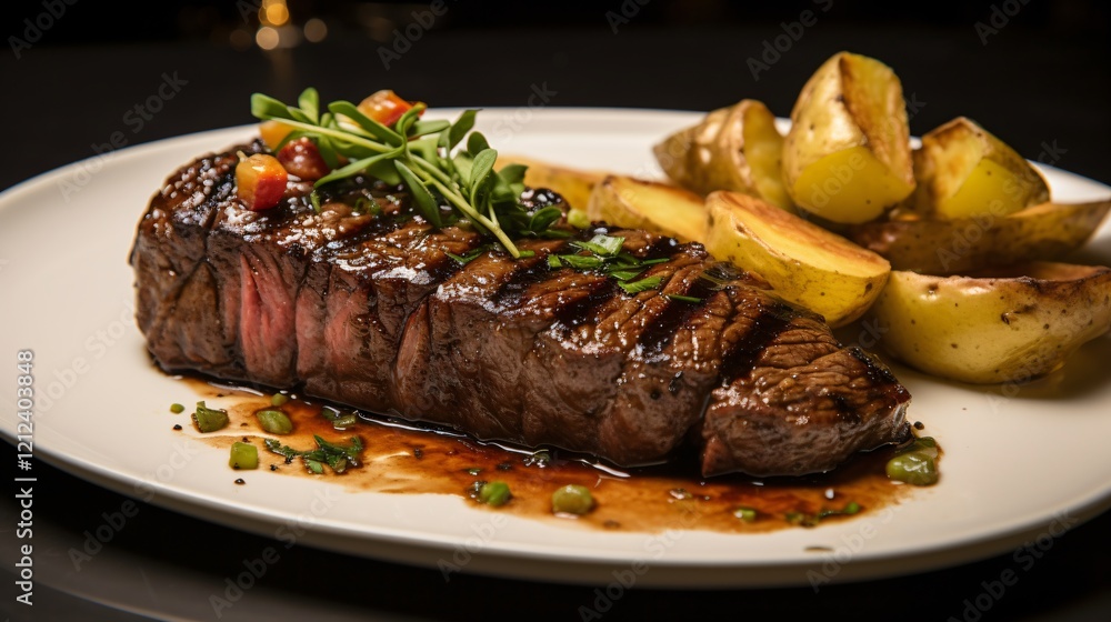 Delicious Sirloin Steak with Jerez Sauce, Potatoes, and Green Peppers Delicious Sirloin Steak with Jerez Sauce, Potatoes, and Green Peppers