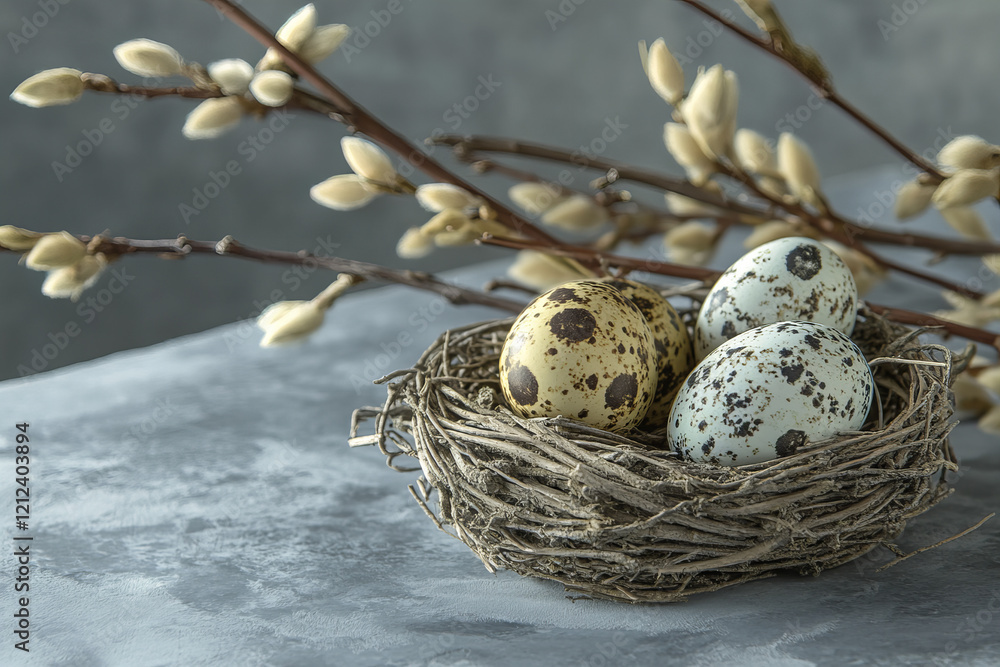 Fototapeta premium Rustic spring nest with speckled eggs and natural branches, perfect for Easter decorations, seasonal celebrations, and nature-inspired themes