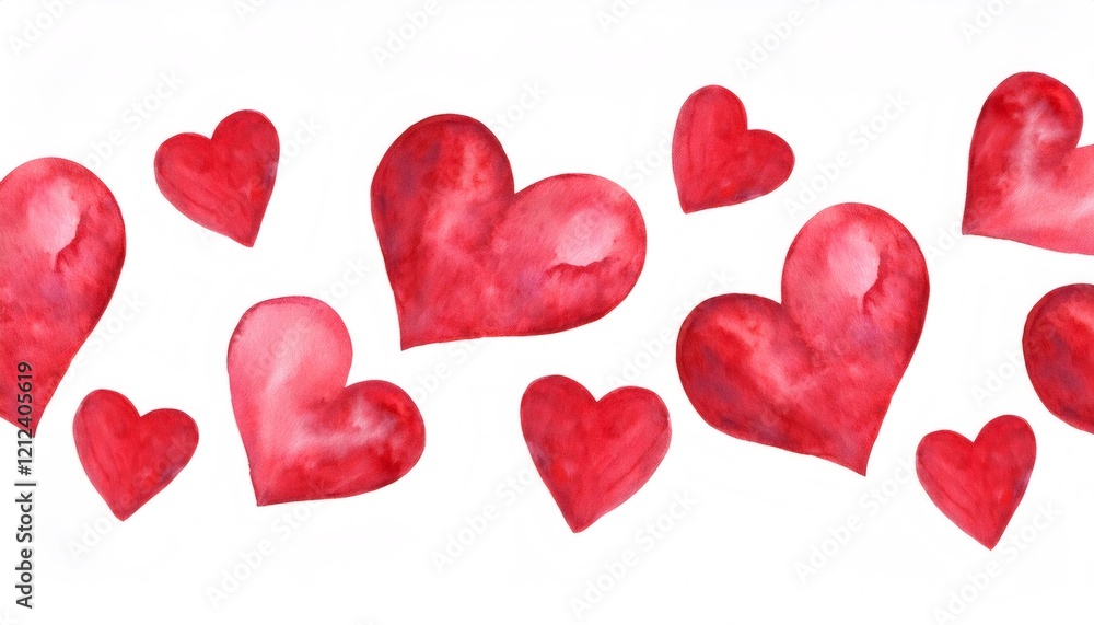 Fototapeta premium Vibrant watercolor hearts drifting across white surface, expressing love and celebration