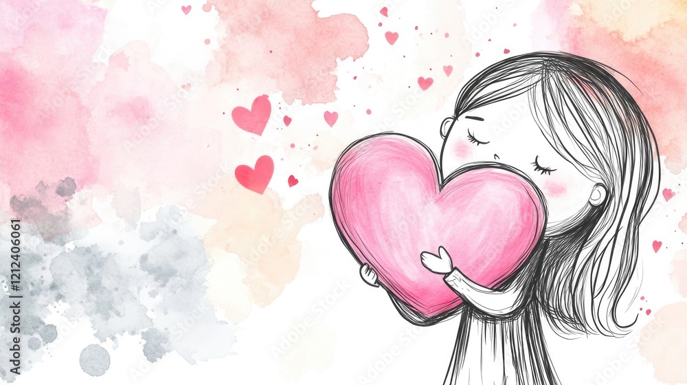 Φωτογραφία sketch of little girl holding a red heart symbolizing love and friendship