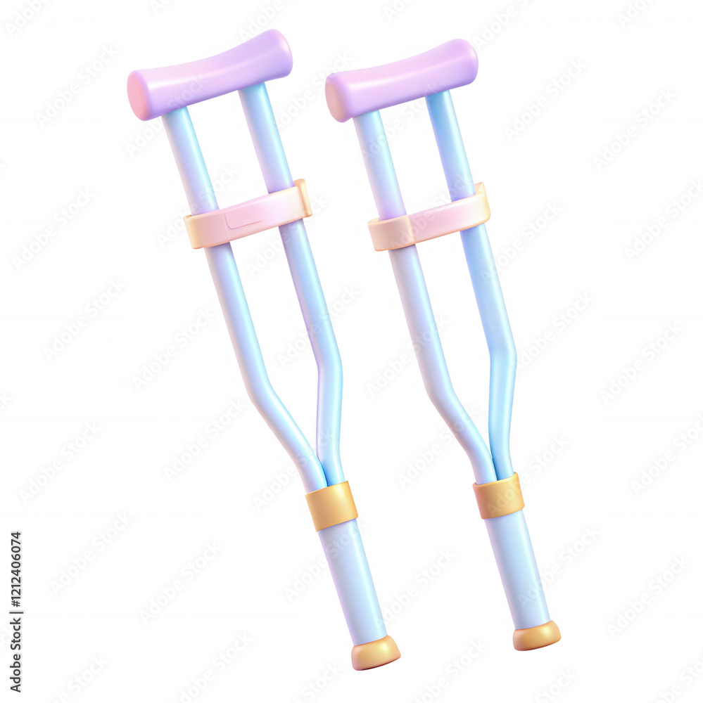 This image showcases a pair of vibrant, stylized crutches with a playful design, highlighting functionality and creativity. A 3D render with soft colors. This image showcases a pair of vibrant, stylized crutches with a playful design, highlighting functionality and creativity. A 3D render with soft colors.