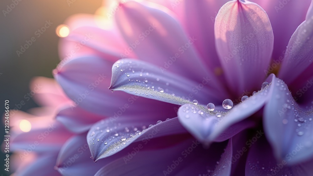 Fototapeta premium Close-up of a purple flower with dew drops in sunlight 
