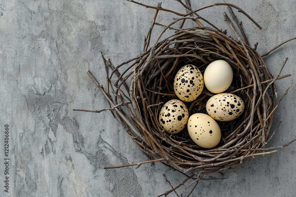 Obraz premium Rustic spring nest with speckled eggs and natural branches, perfect for Easter decorations, seasonal celebrations, and nature-inspired themes