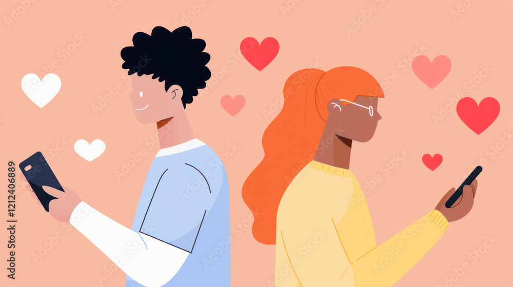 Obraz premium Valentine's day Connections: Young Man and Woman Engaged with Smartphones Surrounded by Heart Motifs Showcasing Modern Romance and Online Relationships
