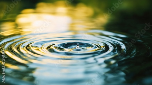 A close-up of ripples in water, with the focus on one ripple centered and surrounded by blurred waves. The background is a soft blue color with golden light reflecting off it.  photo