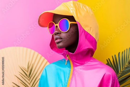 A sporty windbreaker with a vibrant zipper in contrasting neon colors, partially unzipped to reveal a bold logo photo