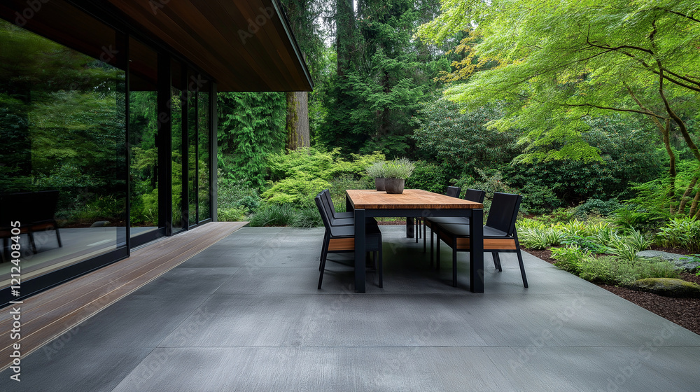 Minimalist deck design with smooth concrete surfaces, contrasting wooden accents, and an outdoor dining area set against lush landscaping Minimalist deck design with smooth concrete surfaces, contrasting wooden accents, and an outdoor dining area set against lush landscaping