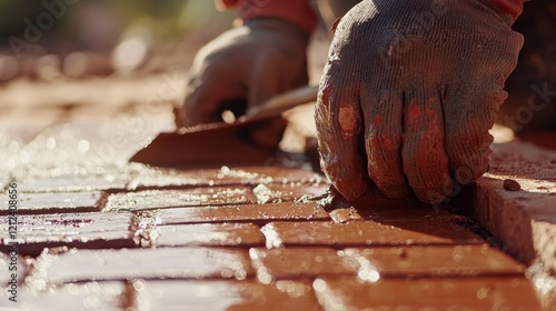 Close-up of hands wearing gloves carefully applying mortar to red bricks during a bricklaying process, under warm sunlight. photo