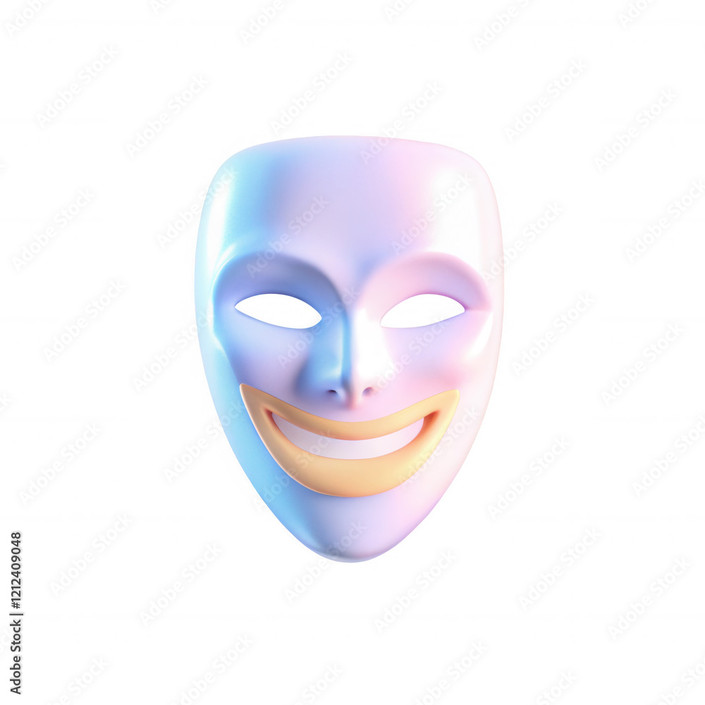 A vibrant, artistic 3D mask featuring a smiling expression. The mask has a glossy finish with shades of blue, purple, and gold accents. A vibrant, artistic 3D mask featuring a smiling expression. The mask has a glossy finish with shades of blue, purple, and gold accents.