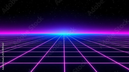 Retro 80s style background with a glowing grid