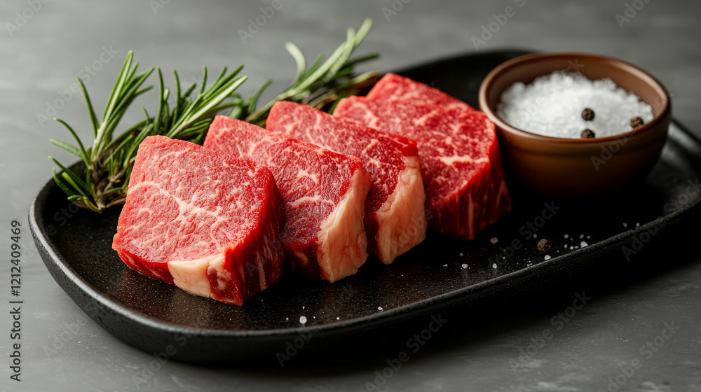 Fresh ribeye steaks with marbling, garnished with herbs and salt Fresh ribeye steaks with marbling, garnished with herbs and salt