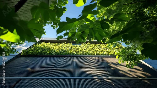 Modern building facade surrounded by lush greenery in a clear blue sky setting
