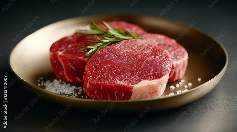 Fresh ribeye steaks garnished with rosemary on golden plate, showcasing rich marbling and vibrant color, perfect for culinary presentations Fresh ribeye steaks garnished with rosemary on golden plate, showcasing rich marbling and vibrant color, perfect for culinary presentations