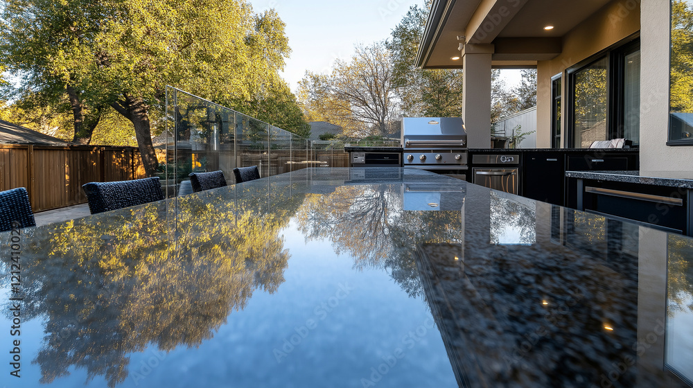 Contemporary patio addition showcasing an open deck with weather-resistant furniture, clear glass railings, and a stylish outdoor kitchen Contemporary patio addition showcasing an open deck with weather-resistant furniture, clear glass railings, and a stylish outdoor kitchen