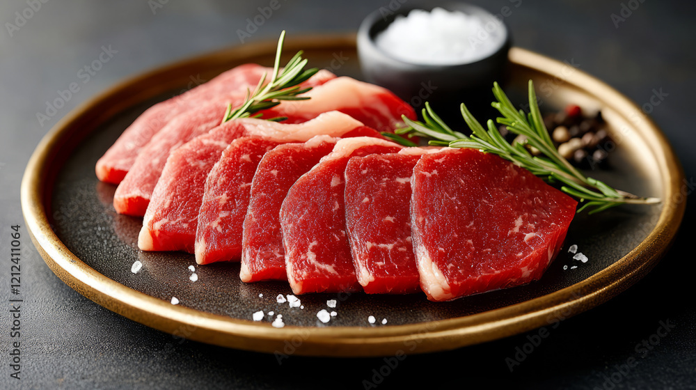 Fresh raw beef steaks arranged on plate with herbs and salt, showcasing vibrant colors and textures. Perfect for culinary presentations or food photography Fresh raw beef steaks arranged on plate with herbs and salt, showcasing vibrant colors and textures. Perfect for culinary presentations or food photography
